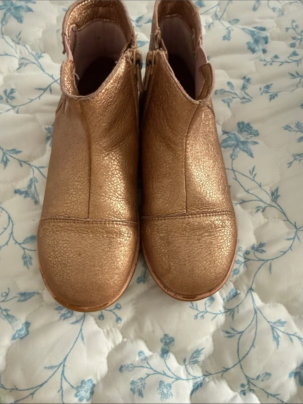 Livie & Luca Metallic Rose Gold Kids Ankle Boots with Flower Patch